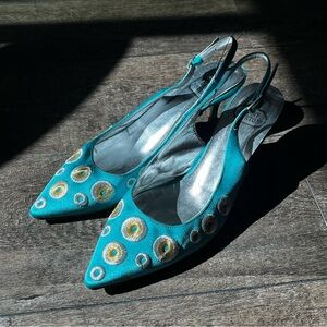 Teal Silk Slingback Heels